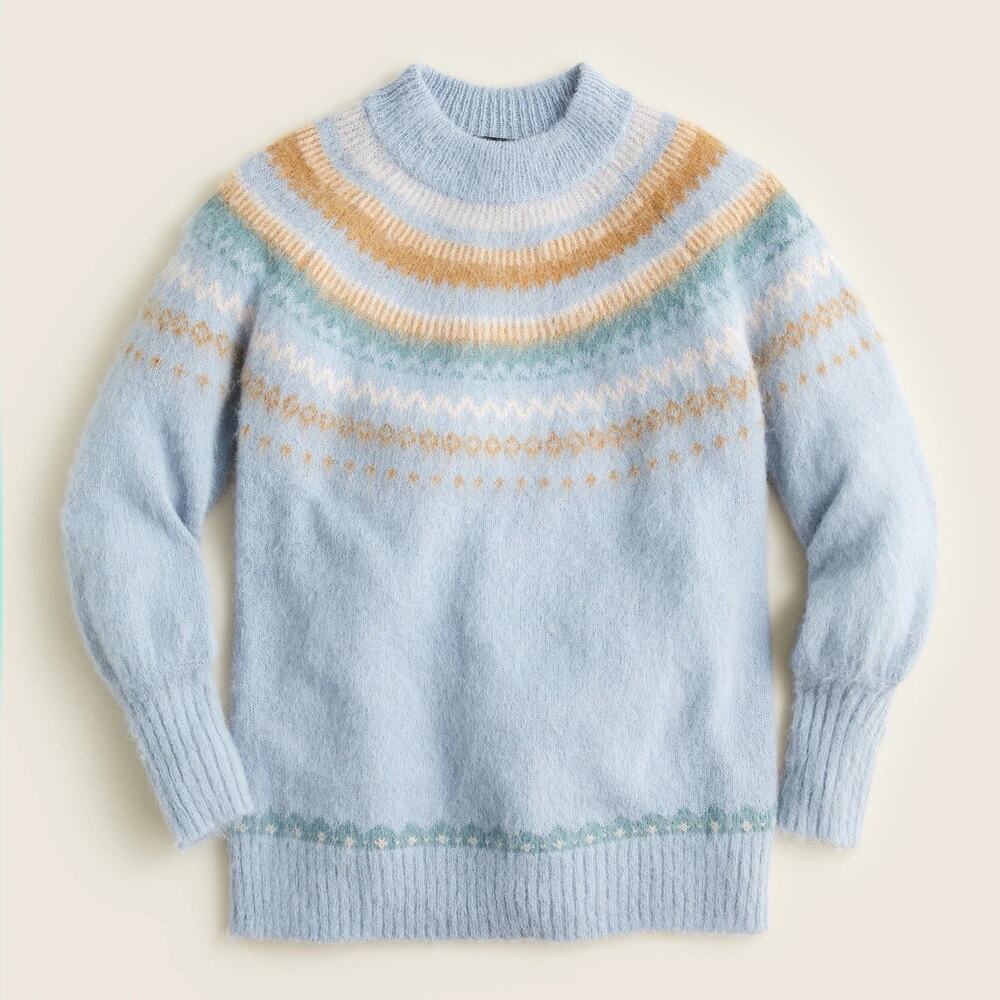 NWT J Crew Fair Isle Yoke Puff Sleeve Sweater Size Large Light Blue